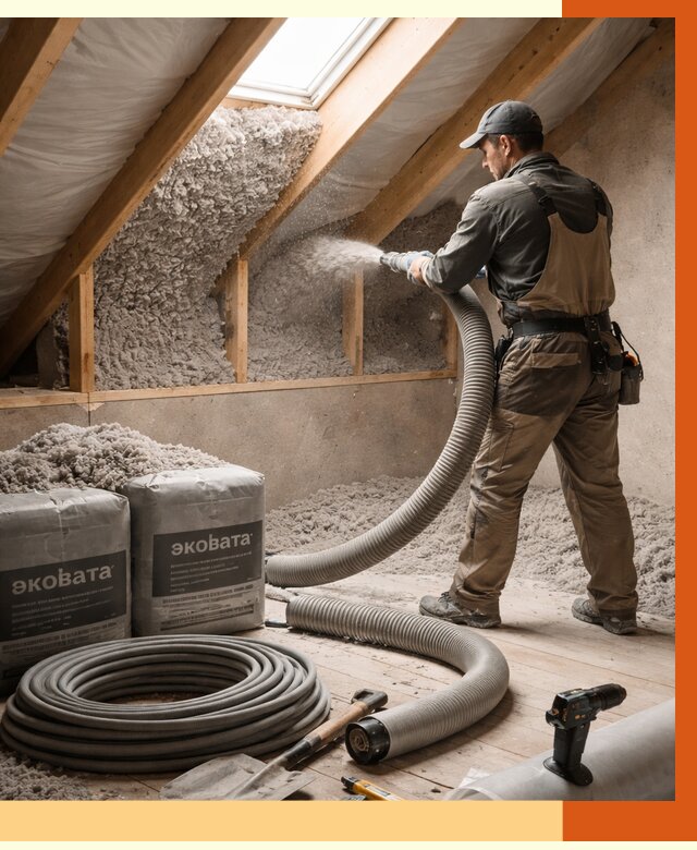 Утепление мансарды эковатой в Барабинске от 2235 руб/м2 — монтаж, задувка, цена | ТепломастерБбн