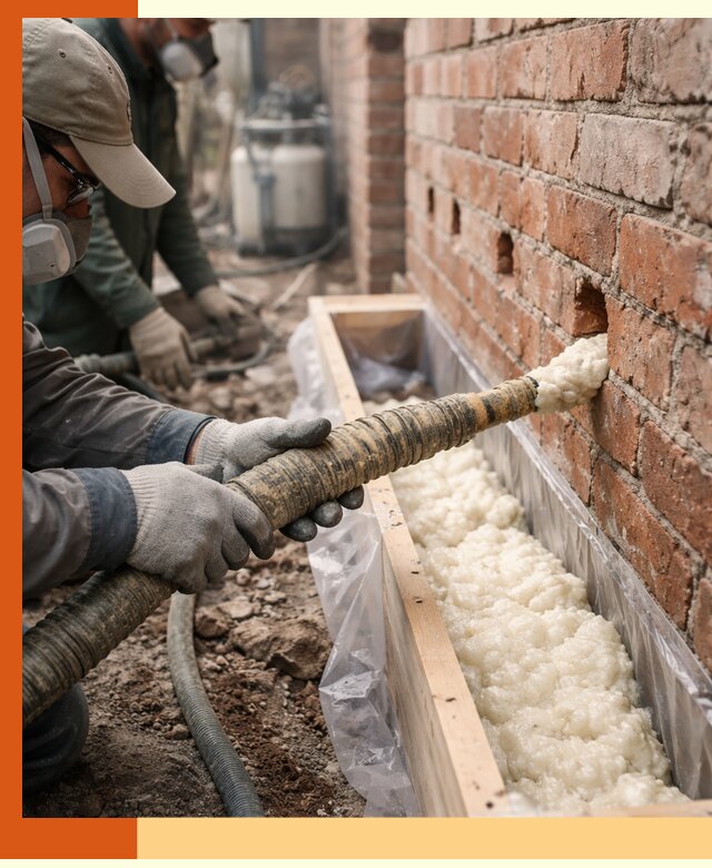 Заливка ППУ в пустоты кирпичной стены в Барабинске